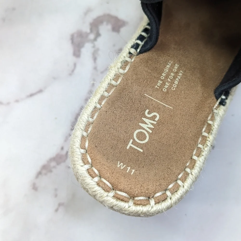 Toms Wedge Women 11 Espadrille Black Platform Slingback Shoe Sandal Open Monica